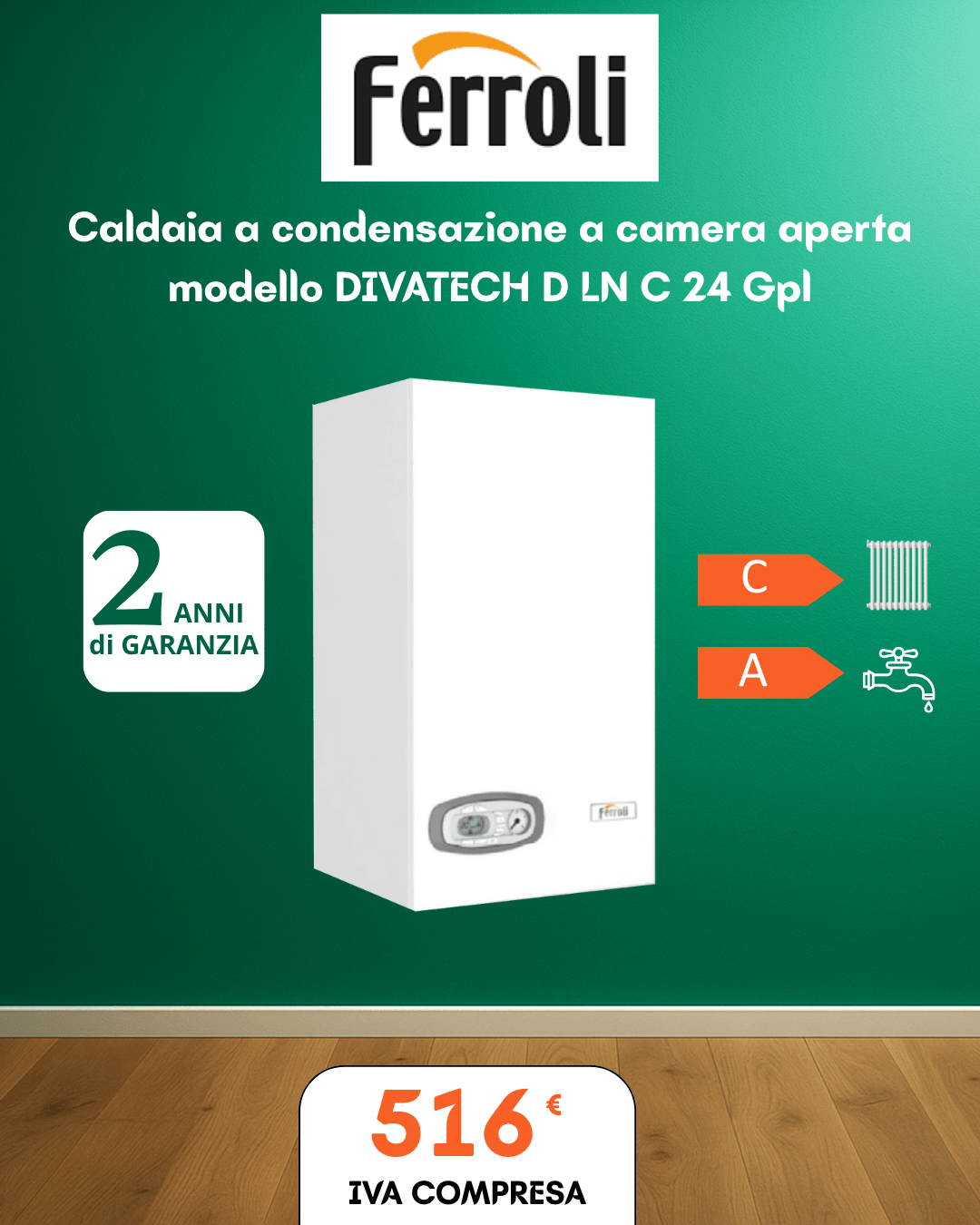 Caldaia condensazione a Camera Aperta Ferroli DIVATECH D LN C 24 Gpl