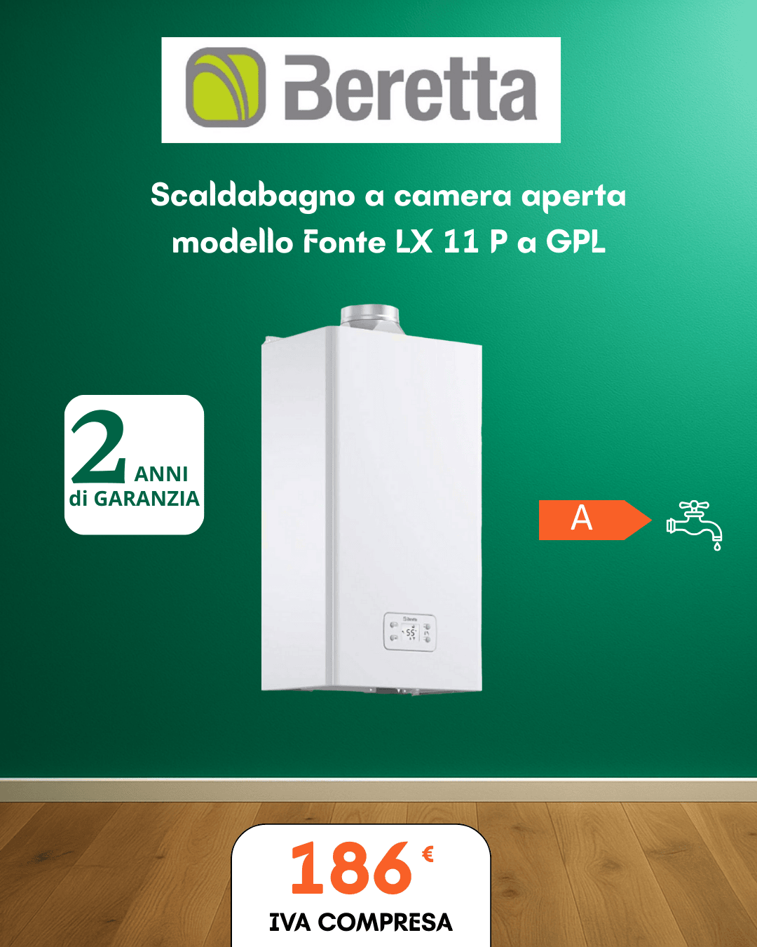 Scaldabagno Beretta Fonte LX 11 P GPL – Camera aperta, 11 litri