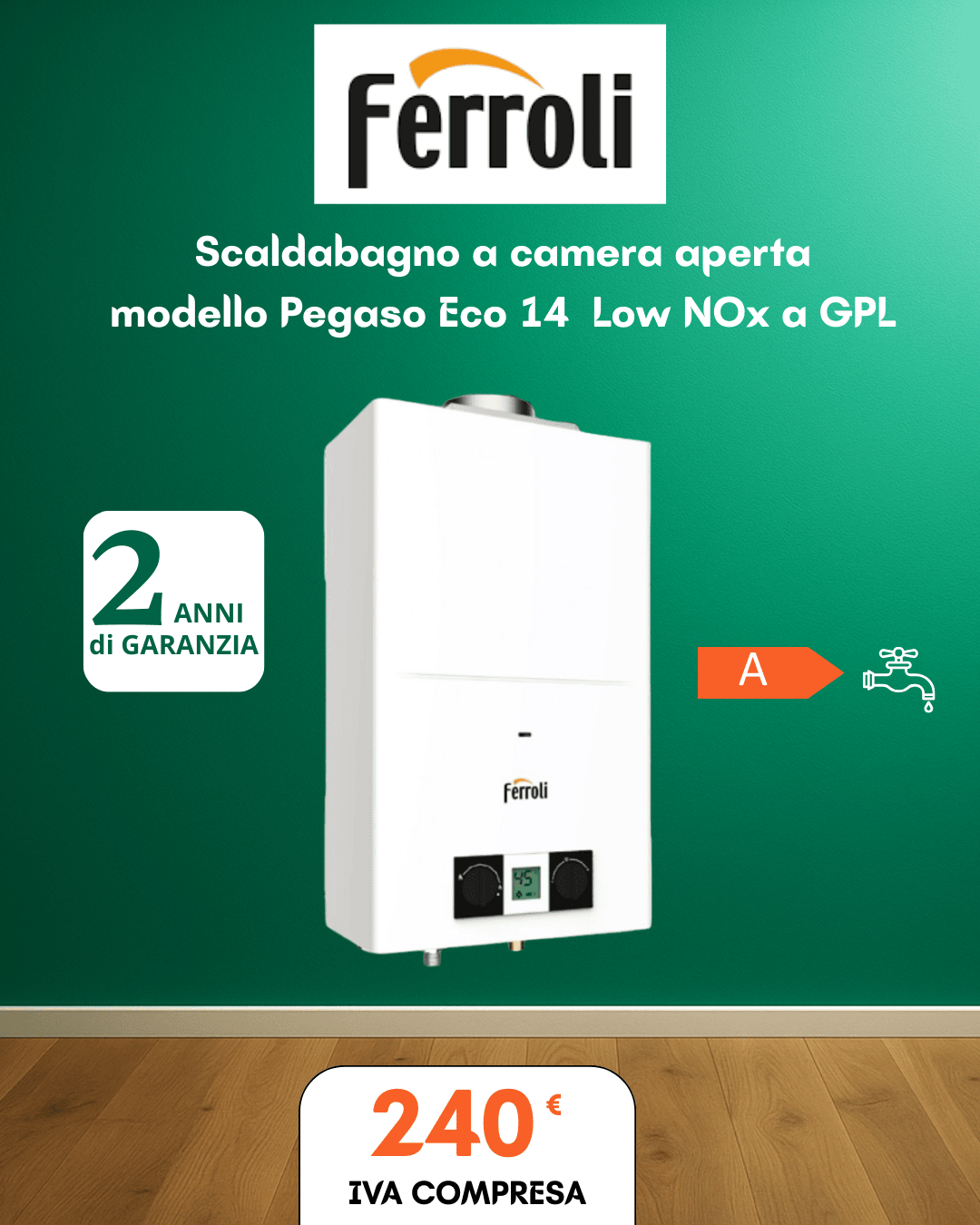 Scaldabagno Ferroli Pegaso Eco 14 GPL – Camera aperta Low NOx, 14 litri